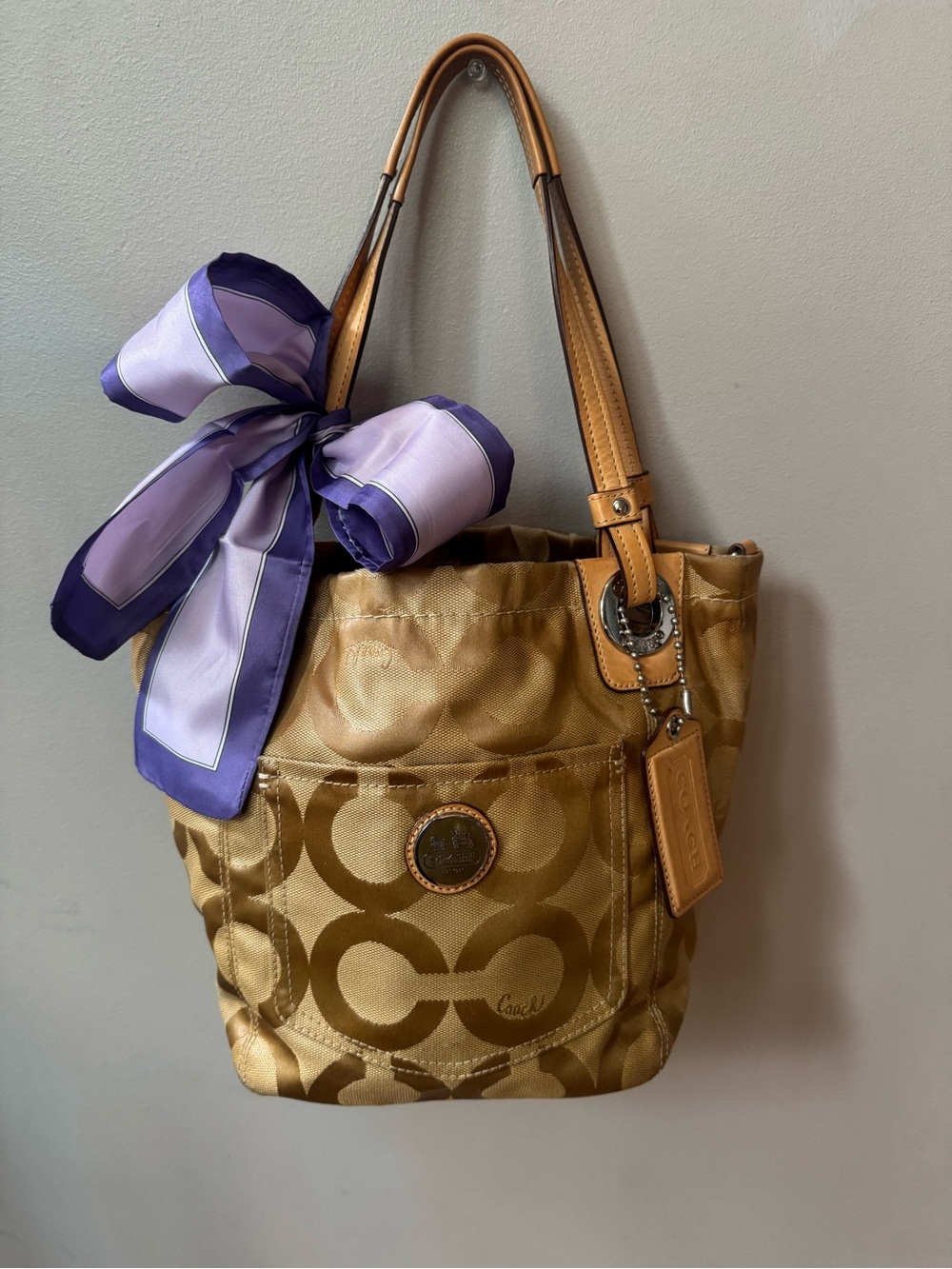 Coach Op Art Baby Signature Canvas Shoulder Tote with Tan Leather Trim
